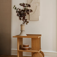 Natural wood cart with warm beige vase and red-leafed plant against soft muted wall, featuring minimalist design elements.