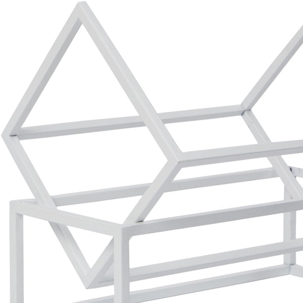 White geometric shelf with triangular patterns, ideal for modern decor accents.