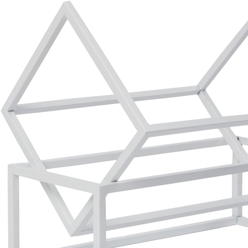 White geometric shelf with triangular patterns, ideal for modern decor accents.