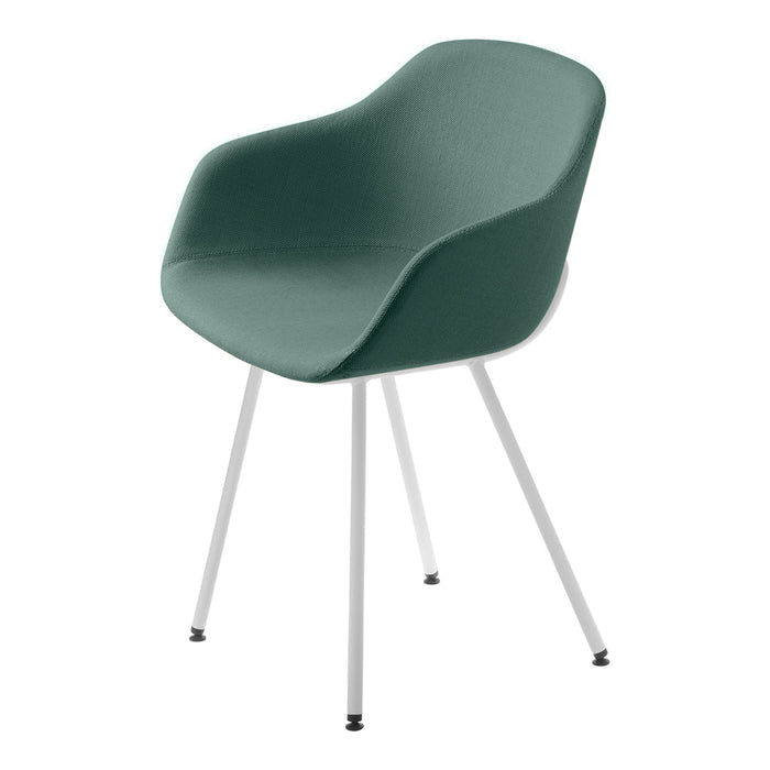 Modern green accent chair with a smooth finish and sleek white legs, perfect for contemporary decor.
