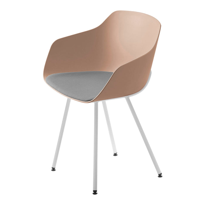 Stylish chair featuring a soft blush pink seat with a sleek gray cushion and minimalistic white legs. Perfect for modern decor.