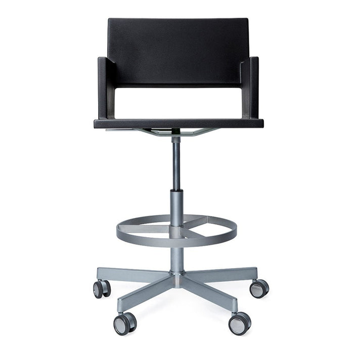 Black and silver ergonomic swivel chair with a modern design and smooth surfaces. Perfect for stylish workspaces.
