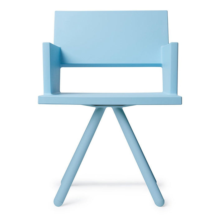 Light blue modern chair with a minimalist design and geometric shapes, perfect for contemporary decor.