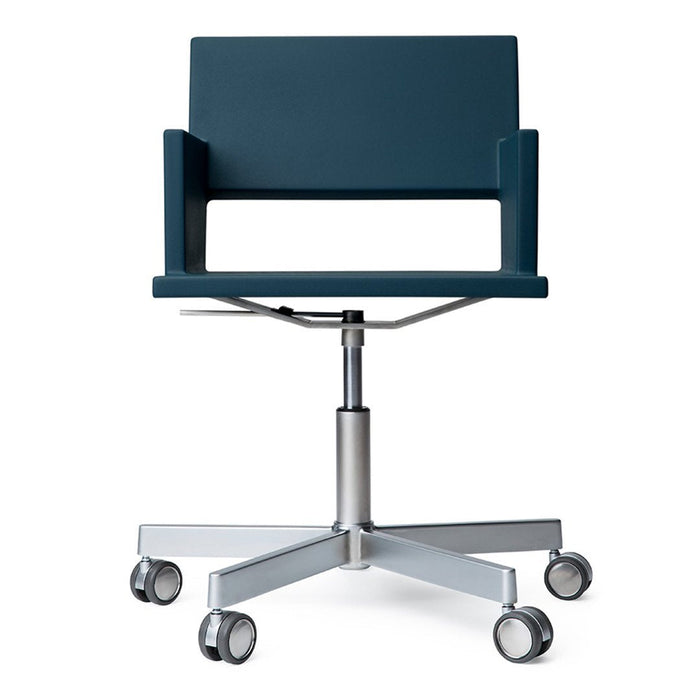 Blue ergonomic office chair with a sleek silver base and rolling wheels, featuring a minimalist design.