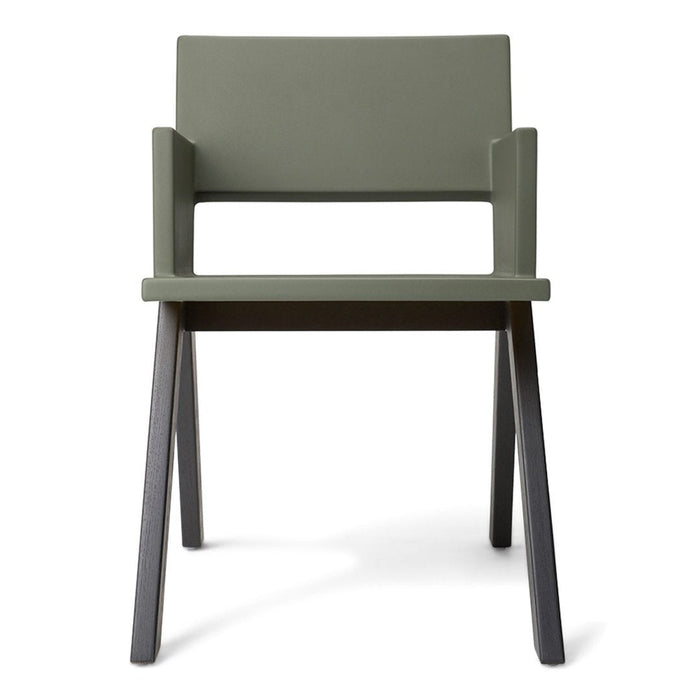 Stylish green chair with a sleek design and dark wood legs, perfect for modern interiors.