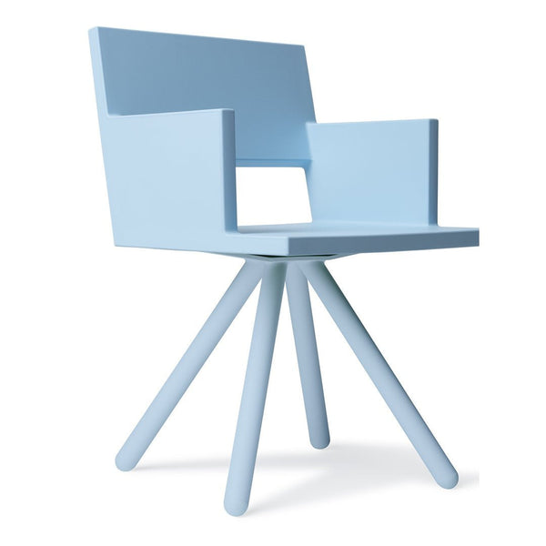 Light blue modern chair with a minimalist design and unique angular patterns. Perfect for contemporary decor.