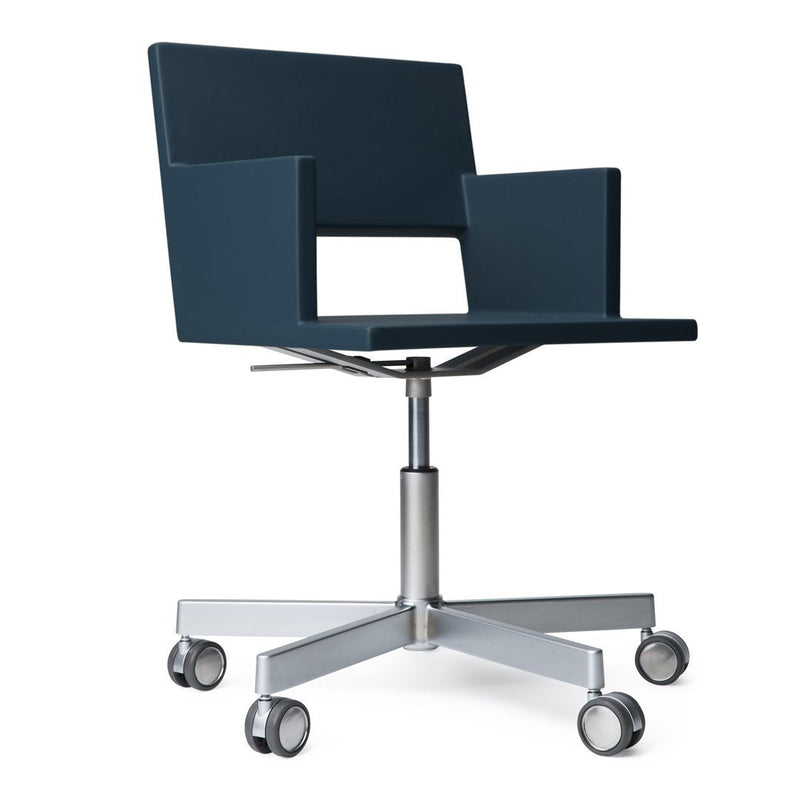 Modern navy blue office chair with sleek geometric design, featuring silver metallic base and rolling casters.