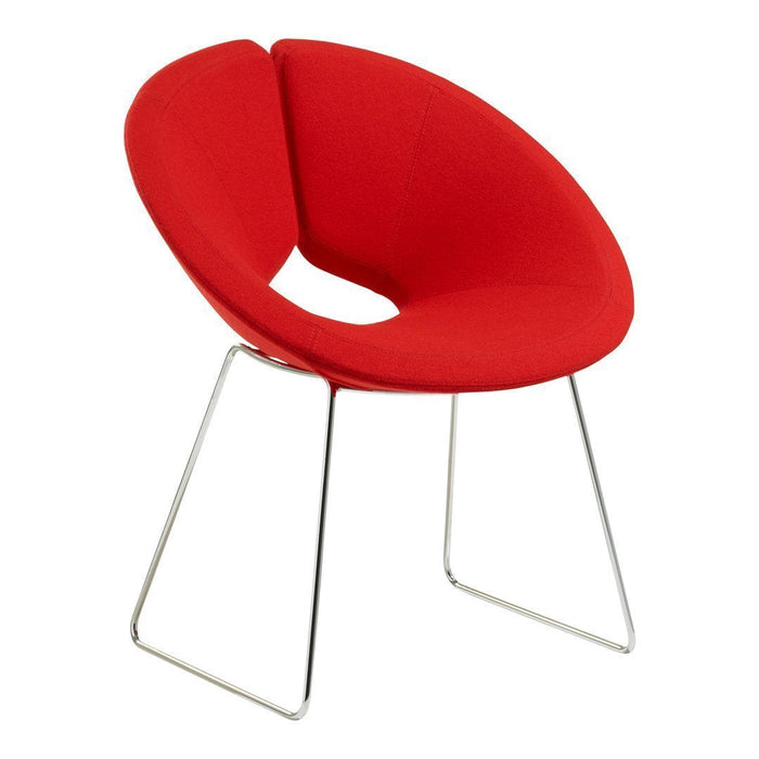 Modern red upholstered chair with a unique open design and sleek chrome legs, perfect for contemporary spaces.