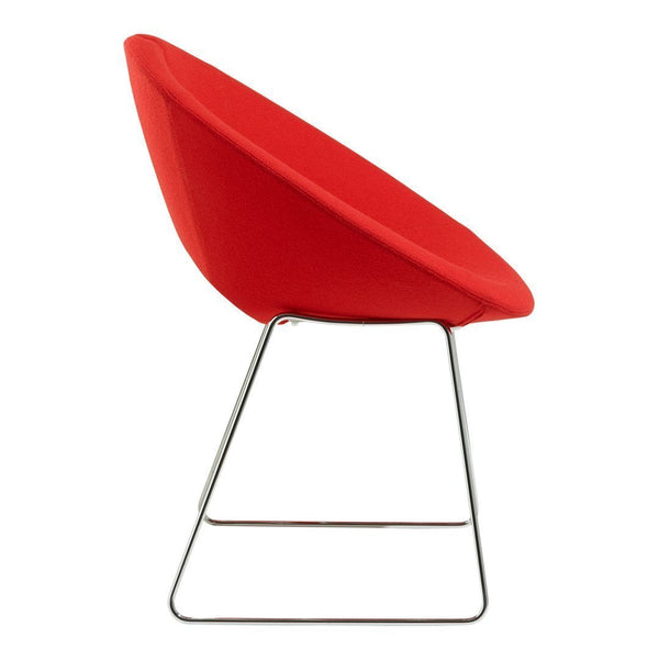 Bright red plush chair with a sleek chrome base, featuring a smooth, modern design. Perfect for adding a pop of color.