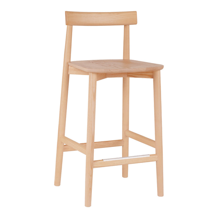 Light natural wood bar stool with a smooth finish, featuring a minimalist design and clean lines.