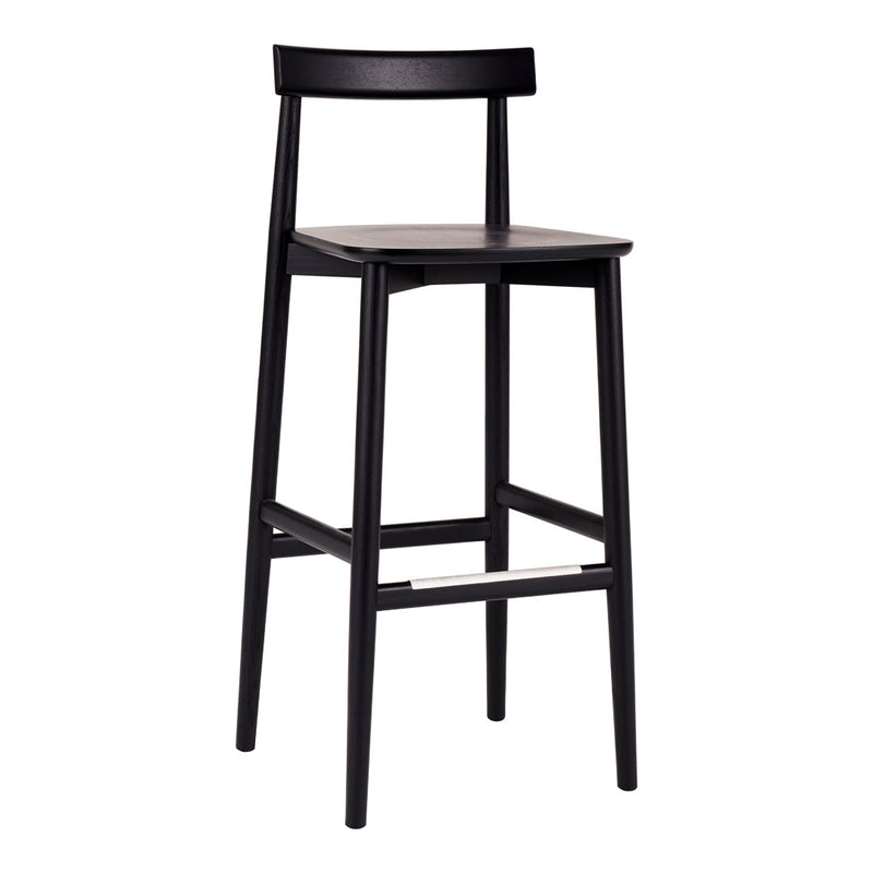 Black bar stool with a sleek design, featuring a minimalist style and smooth wooden seat. Perfect for modern decor.