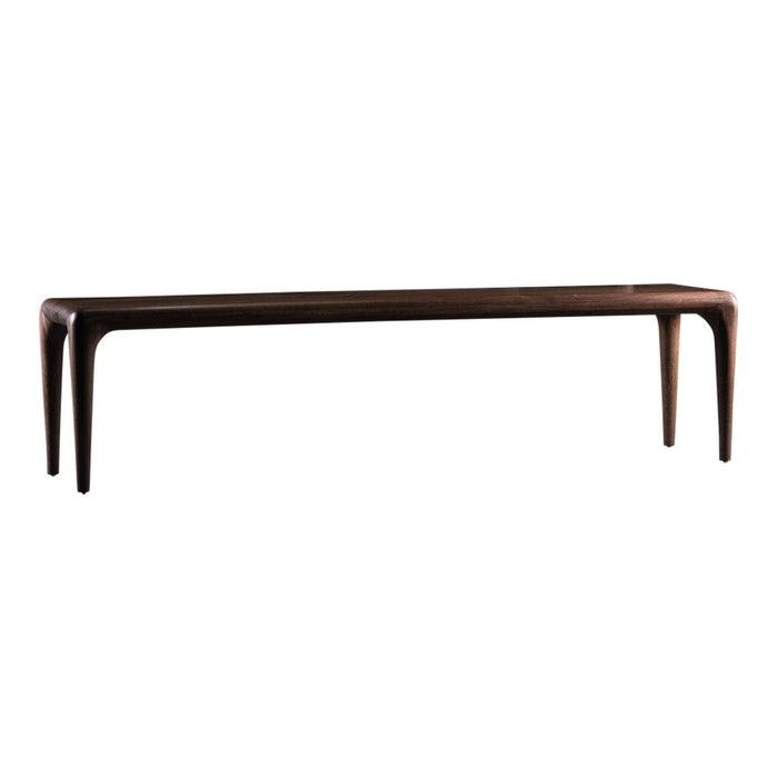 Sleek, dark wood bench with a smooth, minimalist design, featuring tapered legs and a rich, deep brown finish.