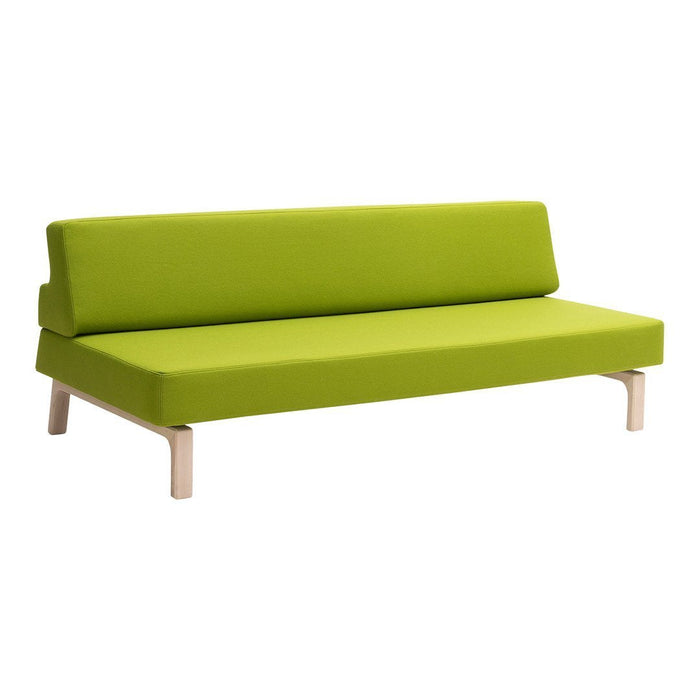 Bright green sofa with a minimalist design and natural wood legs, featuring solid color upholstery. Ideal for modern decor.