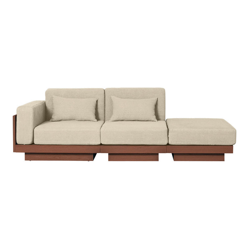 Beige upholstered sectional sofa with a rich brown wooden base; minimalist design for modern spaces.