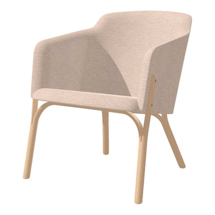 Light beige fabric armchair with a minimalist design and natural wood legs, perfect for modern interiors.