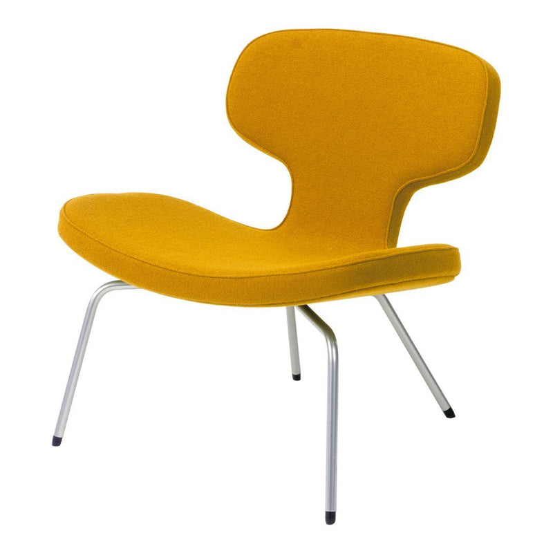 Modern yellow lounge chair with soft curves, complemented by sleek silver legs for a stylish touch.