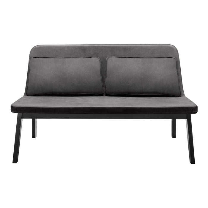 Gray upholstered loveseat with minimalistic design and smooth texture, featuring a sleek black wooden frame.