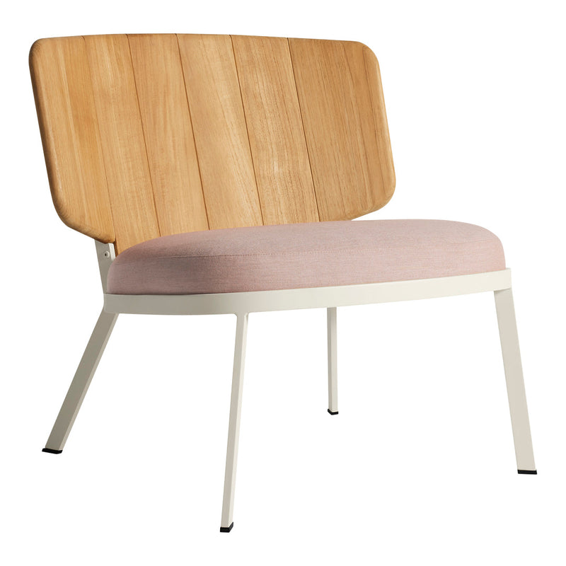 Stylish chair with a natural wood backrest and soft pink fabric seat, complemented by a sleek white frame.