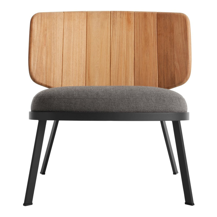 Modern chair featuring a natural wood panel back and a sleek gray fabric seat, set on black metal legs.