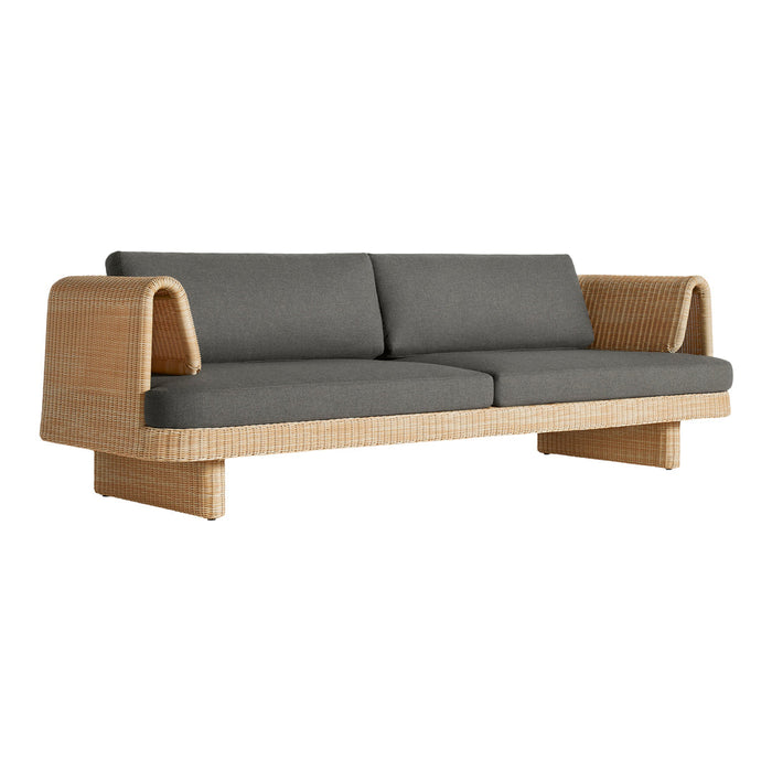 Gray cushion sofa with a light natural wicker frame, featuring a sleek, modern design. Perfect for contemporary decor.