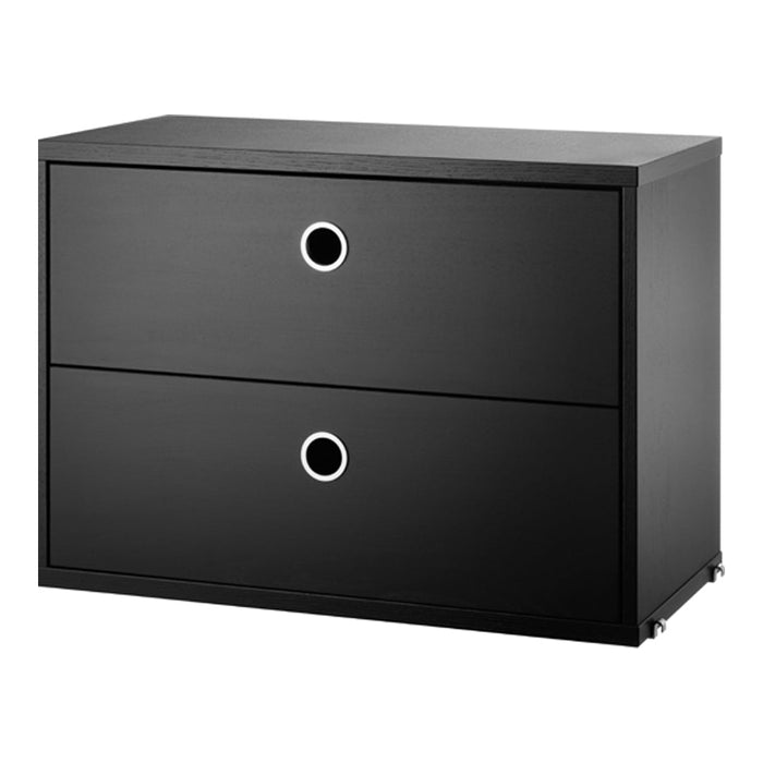 Black modern dresser with two drawers, featuring sleek lines and circular silver handles.