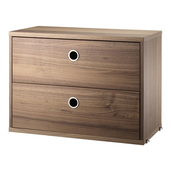 Wooden two-drawer chest in a rich walnut finish with sleek, minimalistic design and round metal handles.
