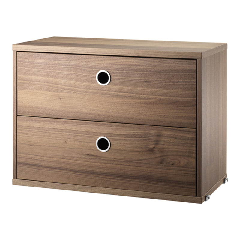 Wooden two-drawer chest in a rich walnut finish with sleek, minimalistic design and round metal handles.