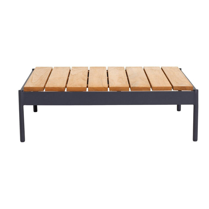 Modern gray outdoor coffee table with slatted natural wood top and sleek metal frame. Perfect for contemporary spaces.