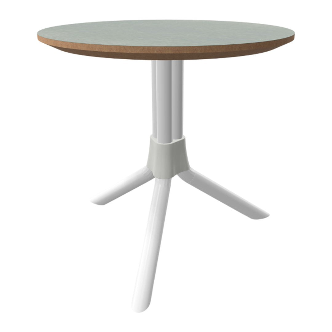 Round table with a light gray top and natural wood edge, featuring a sleek white base and legs. Minimalist design.