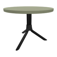 Round table with a muted olive green top and sleek black tripod base, offering a modern and versatile design.
