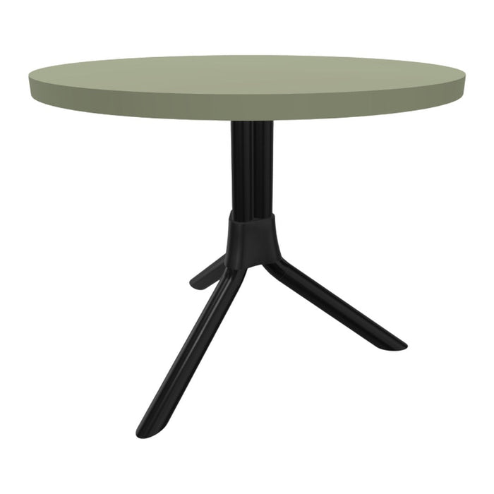 Round table with a muted olive green top and sleek black tripod base, offering a modern and versatile design.