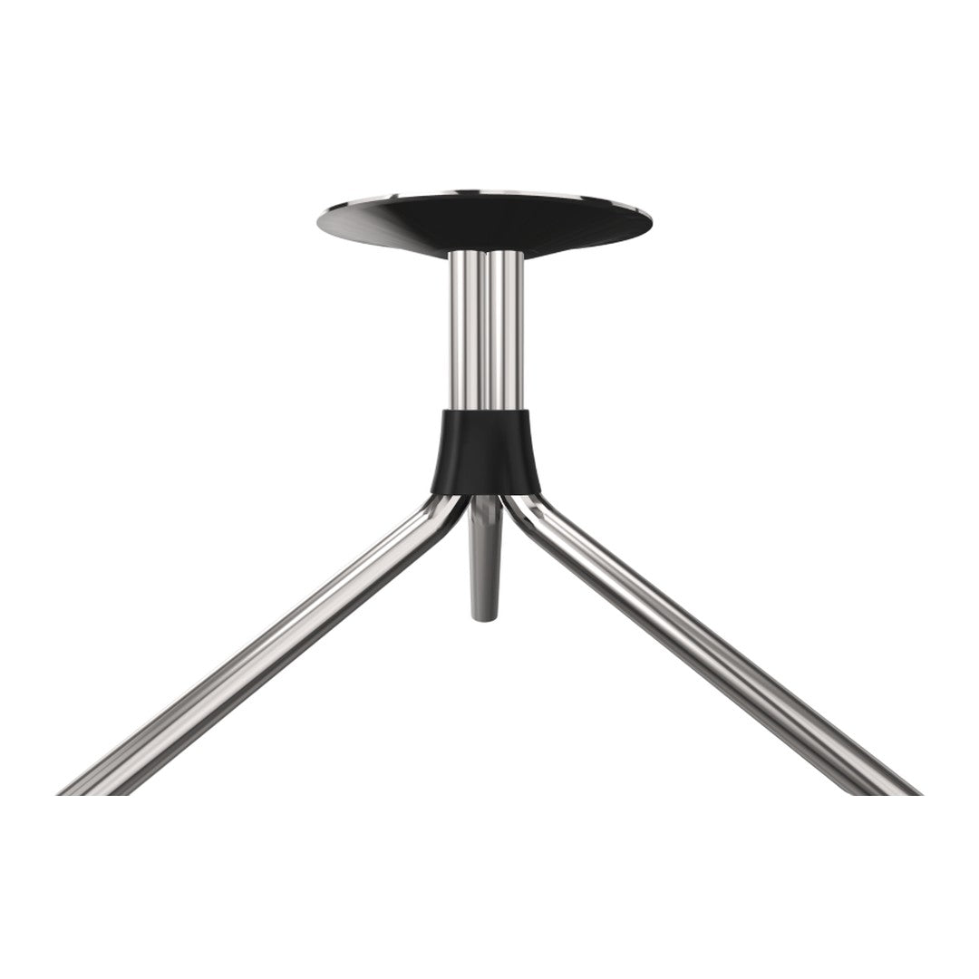 "Black and silver metal stool base with sleek, modern design and tripod structure, showcasing a minimalist aesthetic."