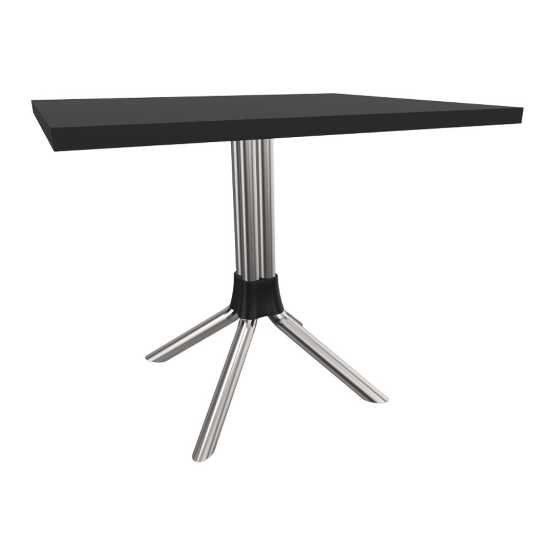 Black rectangular tabletop with sleek silver legs; modern, minimalist design perfect for contemporary spaces.