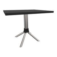 Black rectangular tabletop with sleek silver legs; modern, minimalist design perfect for contemporary spaces.