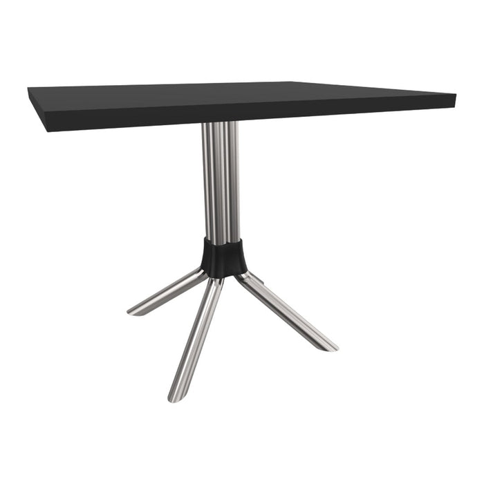 Black rectangular tabletop with sleek silver legs; modern, minimalist design perfect for contemporary spaces.