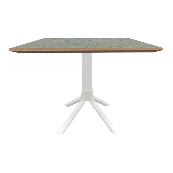 Square table with a light green patterned top and white tripod base. Perfect for modern decor.
