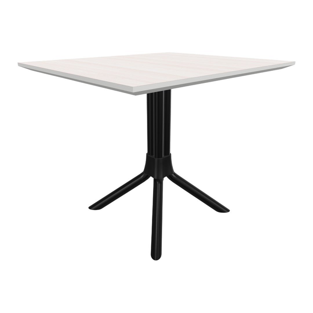 White wooden tabletop with subtle grain pattern and a sleek black metal base. Modern and minimalist design.