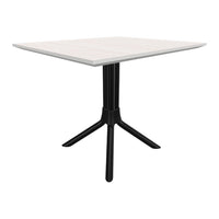 White wooden tabletop with subtle grain pattern and a sleek black metal base. Modern and minimalist design.