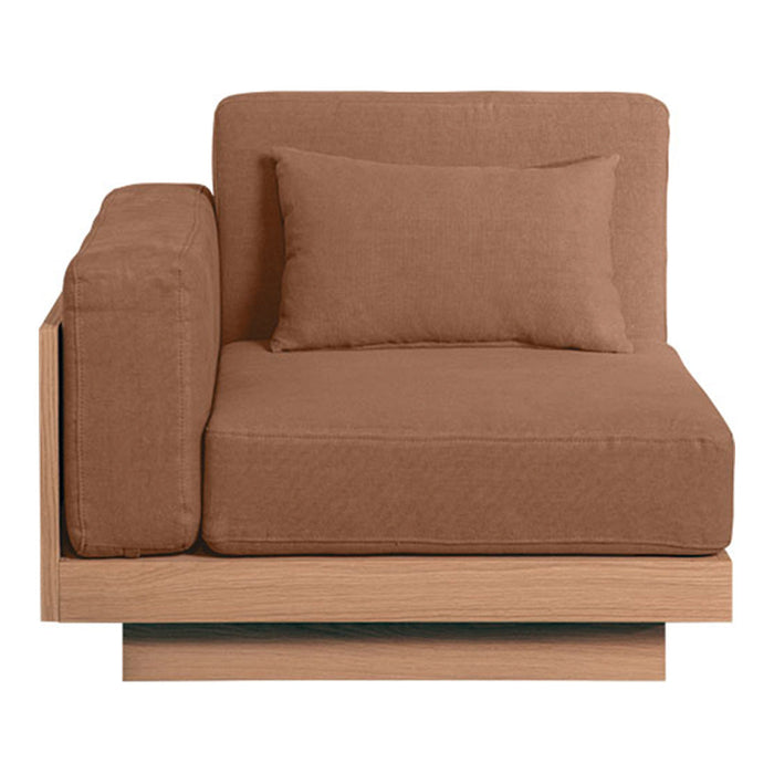 Brown upholstered corner chair with a textured finish and matching cushion, featuring a sleek wooden base.