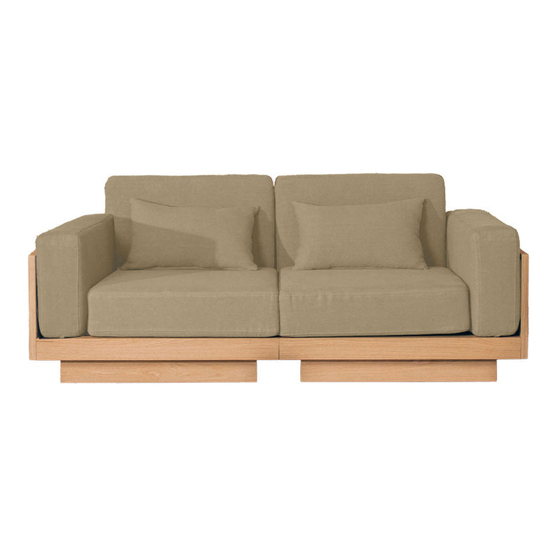 Beige upholstered sofa with clean lines and wooden base, featuring solid color cushions. Perfect for modern decor.