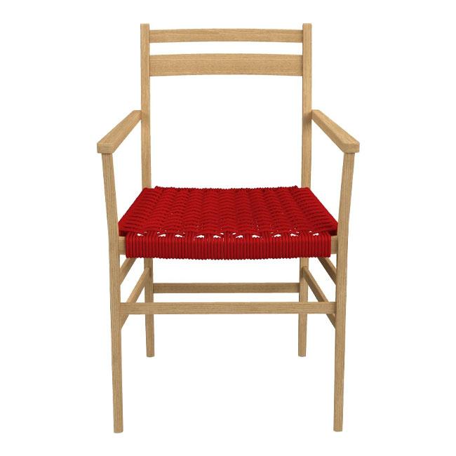 Wooden chair with light natural finish and vibrant red woven seat, perfect for modern decor.