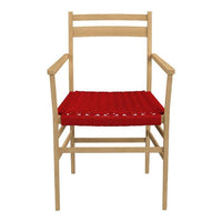 Wooden chair with light natural finish and vibrant red woven seat, perfect for modern decor.