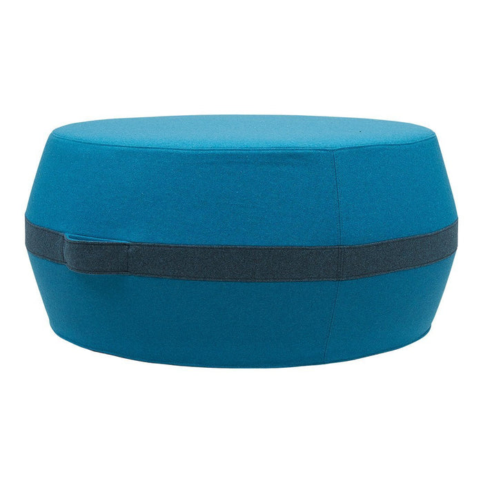 Round teal ottoman with a contrasting dark gray band, featuring a sleek, modern design suitable for any decor.