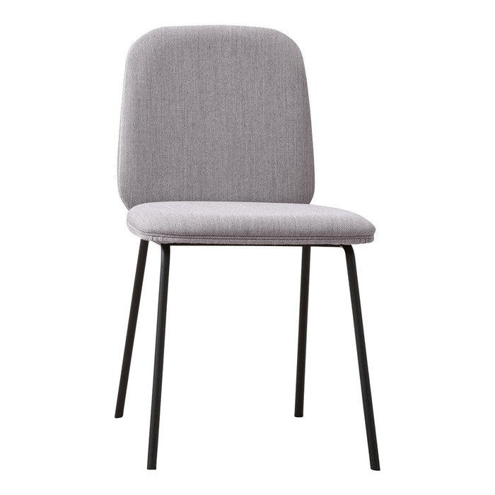 Stylish gray upholstered chair with a smooth fabric finish and minimalist black metal legs. Perfect for modern interiors.