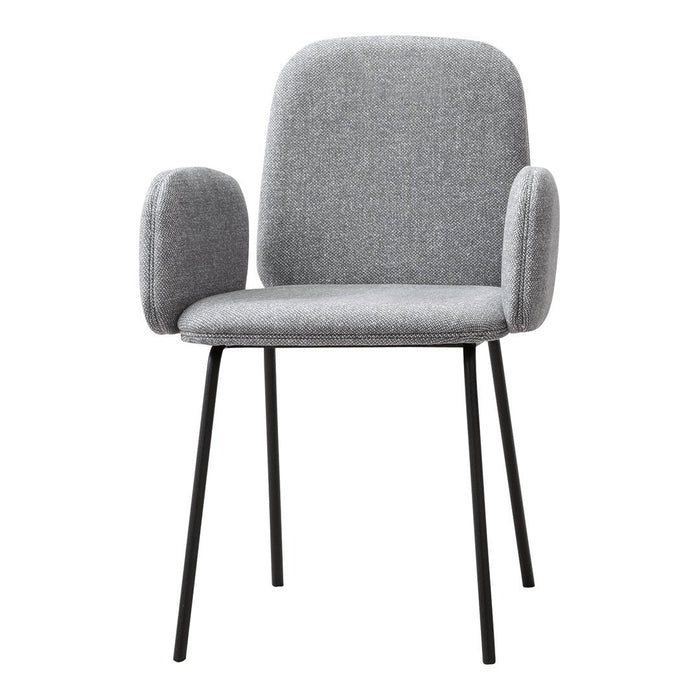 Stylish gray upholstered chair with sleek black metal legs and rounded armrests, perfect for modern decor.