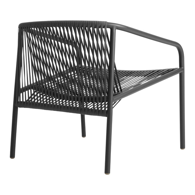 Black woven lounge chair with a modern design and geometric pattern, perfect for contemporary decor.