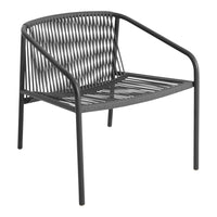 Black metal chair with a unique woven pattern and open slatted design, perfect for modern decor.