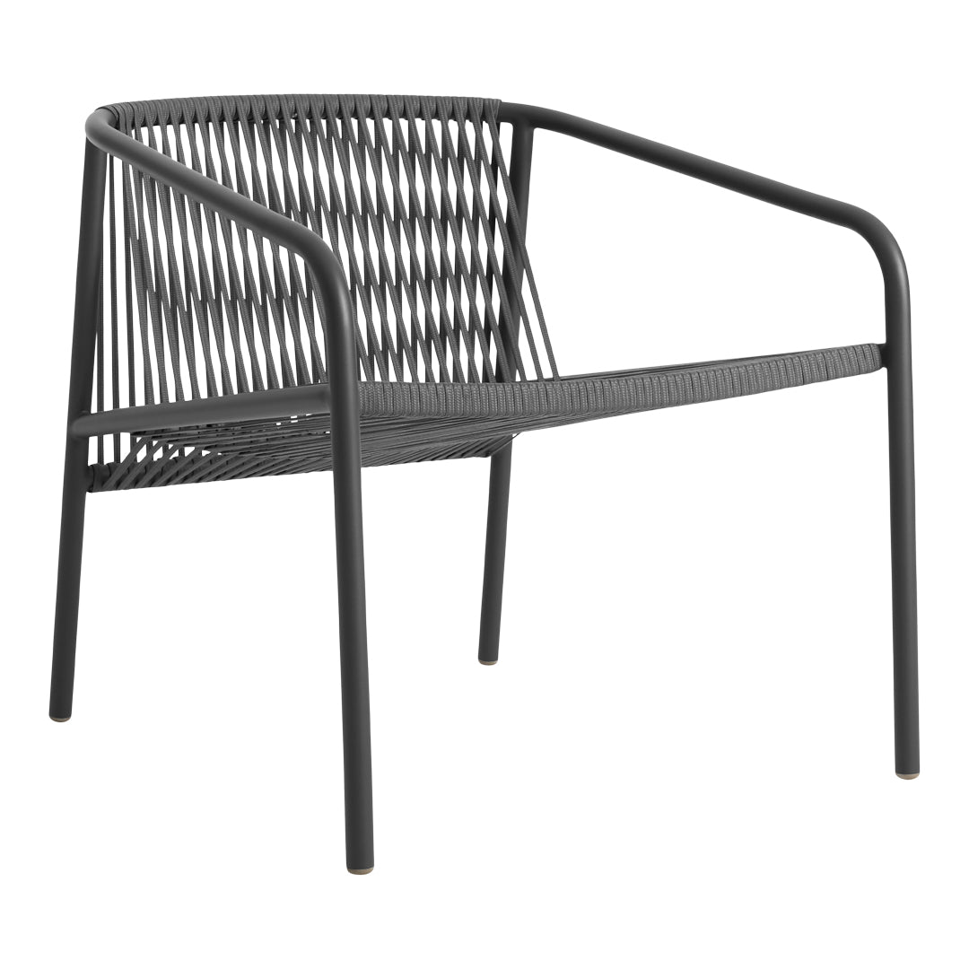 "Modern black woven chair with a sleek, minimalist design and horizontal line pattern."