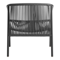 Black woven lounge chair with sleek vertical stripe pattern and minimalist design. Perfect for modern decor.
