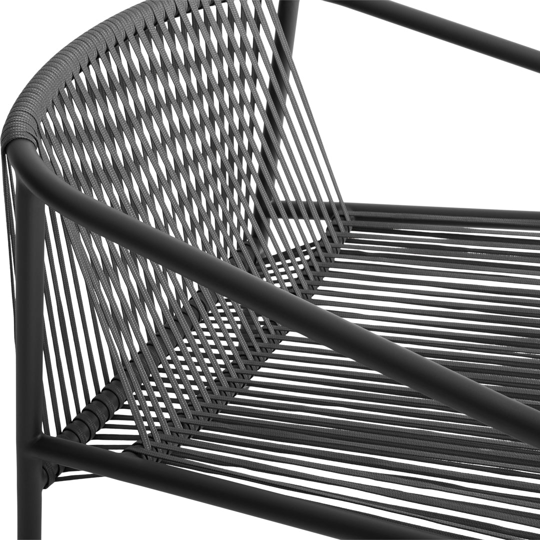 Black woven chair featuring a modern geometric pattern and sleek lines for a contemporary look.